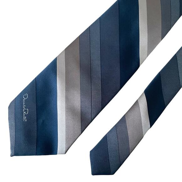 Oscar de la Renta Vintage Tie Silk Blend Gray Blue Stripe Made in USA EUC - Picture 1 of 6